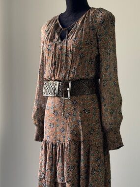 Veronica Beard Rust Floral Tiered Long Sleeve Midi Dress